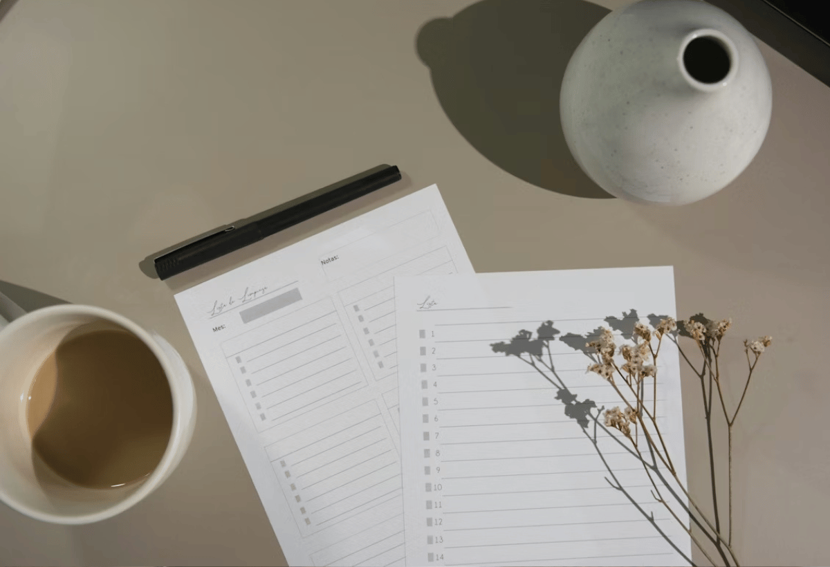 Organização de mesa com papéis de organizações e checklist, caneta, xícara de café e vaso decorativo.